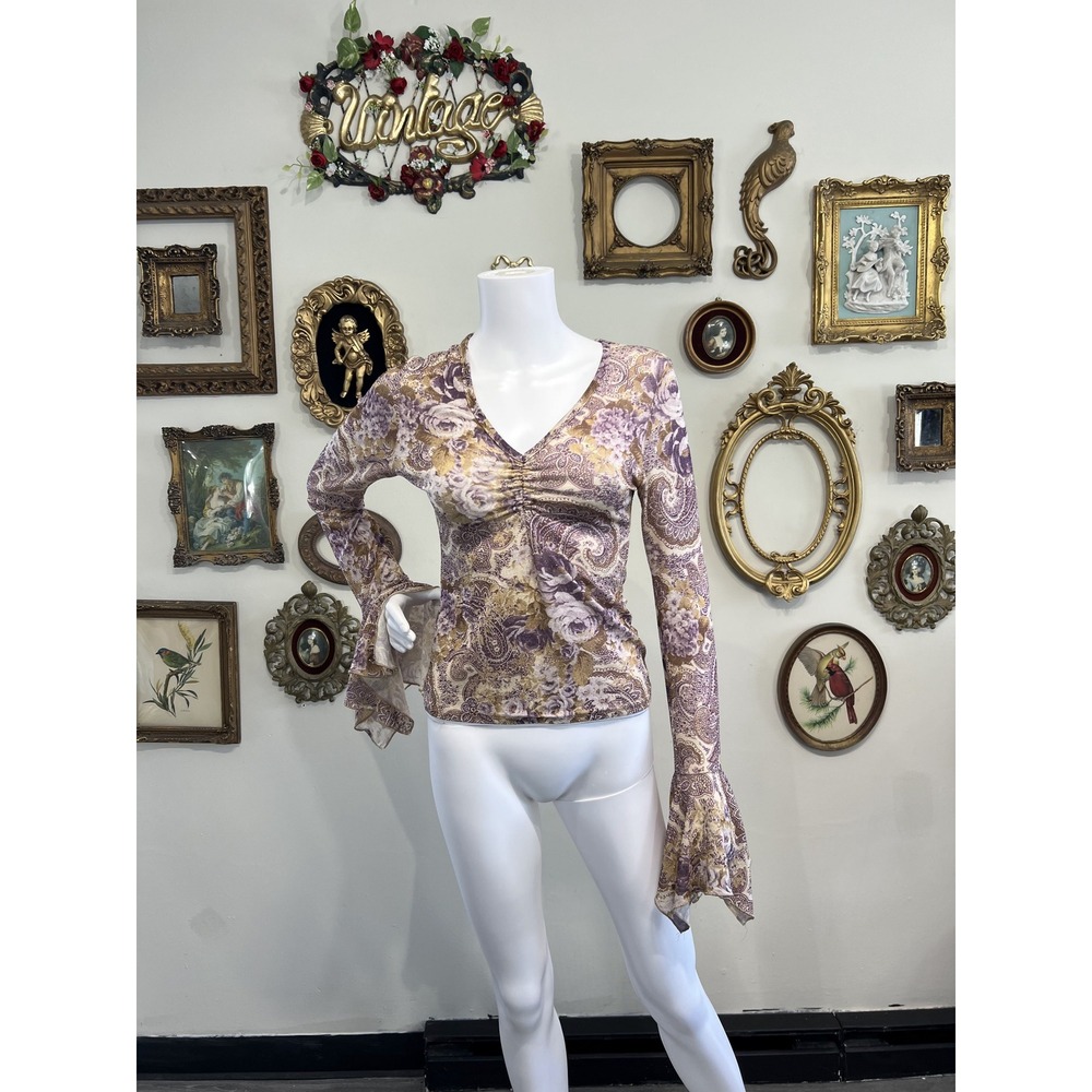 Can't Miss Vintage Purple Floral Paisley Glitter Bell Sleeve Top